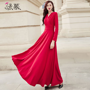 绿慕连衣裙2026春秋装新款欧洲站到脚踝气质遮盖小肚子显瘦长裙女