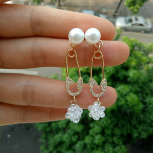 回形别针S925银针耳环小众冷淡风珍珠水晶花球长款耳坠女轻奢