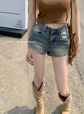 美式复古高街牛仔短裤女春夏新款高腰修身显瘦做旧小个子a字热裤