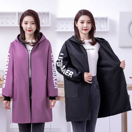 新款长袖罩衣工作服女家用厨房防水围裙加绒加厚冬季上班外套年轻