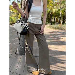 巴卜Studio卡其色微喇牛仔裤女2025春季新款百搭高腰显瘦长裤