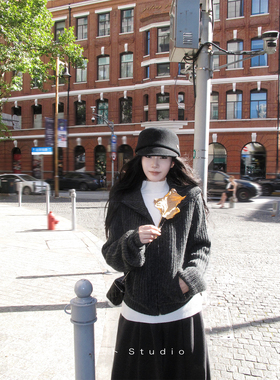 巴卜Studio 深灰色羊毛加厚拉链毛衣外套女秋冬宽松休闲开衫上衣