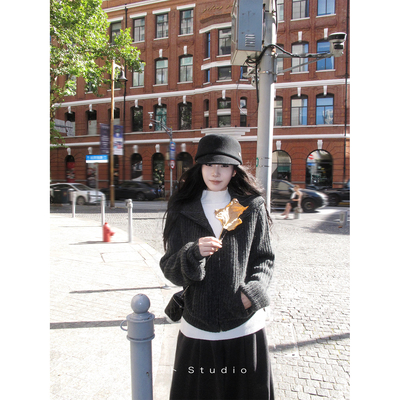 巴卜Studio 深灰色羊毛加厚拉链毛衣外套女秋冬宽松休闲开衫上衣