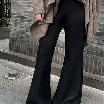 巴卜Studio黑色加绒微喇裤女秋冬新款高腰百搭裤子加厚保暖长裤