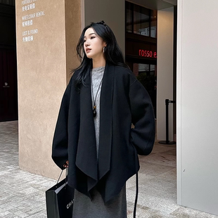 外套 气质通勤中长款 巴卜Studio黑色双面呢羊毛大衣女冬季 新款