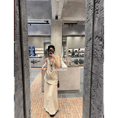 巴卜Studio设计感杏色亚麻连衣裙女夏季新款简约休闲无袖中长裙
