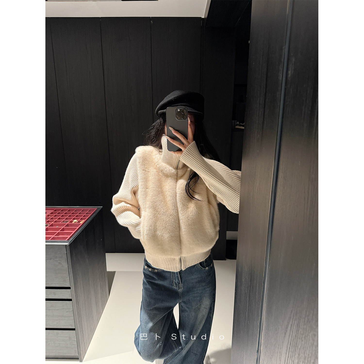 纯色毛毛针织拼接外套