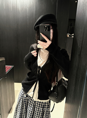 巴卜Studio 黑色系带针织开衫上衣女秋季新款韩版百搭时尚薄外套