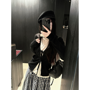 巴卜Studio 黑色系带针织开衫上衣女秋季新款韩版百搭时尚薄外套