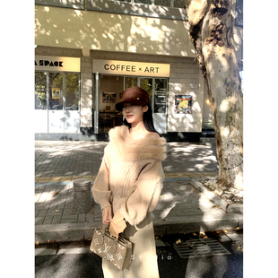 巴卜Studio卡其色毛毛拼接领毛衣女冬季 宽松休闲针织套头上衣 新款