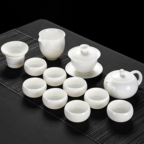 软玉白瓷功夫茶具家庭办公室无障碍高档茶壶陶瓷盖碗茶杯礼品