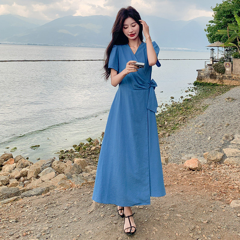 法式风收腰蓝色连衣裙女夏2025新款气质爆款独特漂亮长裙流行超火,女装连衣裙,浙宝180A