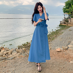 法式风收腰蓝色连衣裙女夏2025新款气质爆款独特漂亮长裙流行超火图片