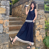 夏季新款绝美俏皮两件套2025高级感蕾丝拼接藏青色背心半身裙套装，女装套装/套裙，浙宝180A