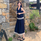 夏季新款绝美俏皮两件套2025高级感蕾丝拼接藏青色背心半身裙套装，女装套装/套裙，浙宝180A