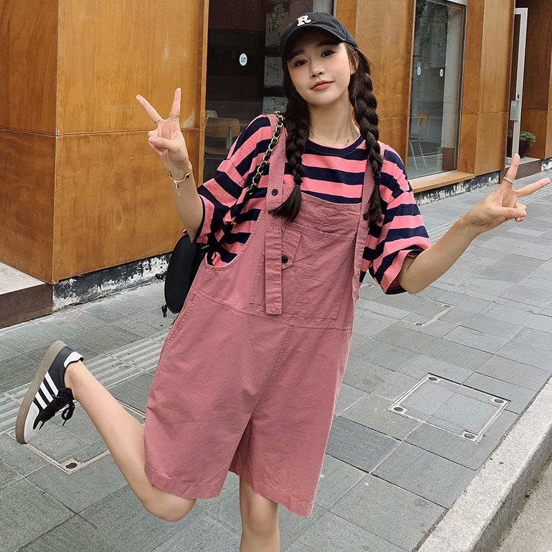 粉色条纹T恤背带短裤两件套女2023夏新款韩版学院风休闲减龄套装,女装套装/套裙,浙宝180A