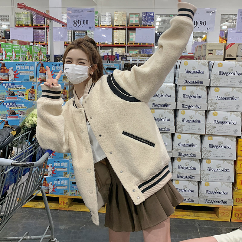 新款现货！羊羔毛棒球服外套休闲风浙宝180A/货号8855/p175控258,女装短外套,浙宝180A
