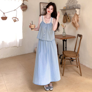 蕾丝拼接无袖牛仔背心半身裙套装女夏2025新款韩系独特绝美两件套图片