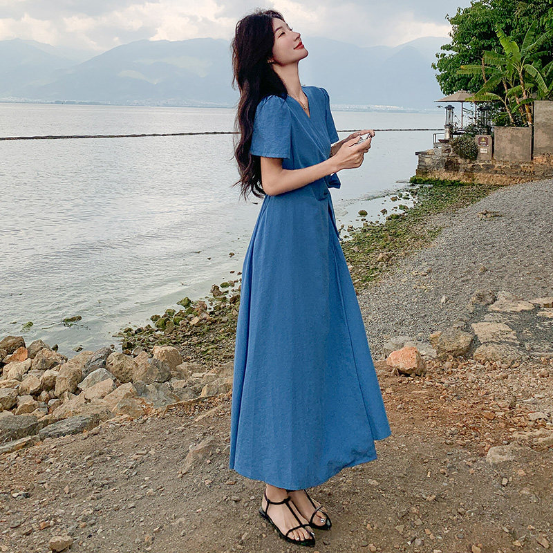 法式风收腰蓝色连衣裙女夏2025新款气质爆款独特漂亮长裙流行超火,女装连衣裙,浙宝180A