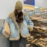 新款现货！复古毛毛拼接牛仔外套厚浙宝180A/货号1833/p185控258，女装短外套，浙宝180A