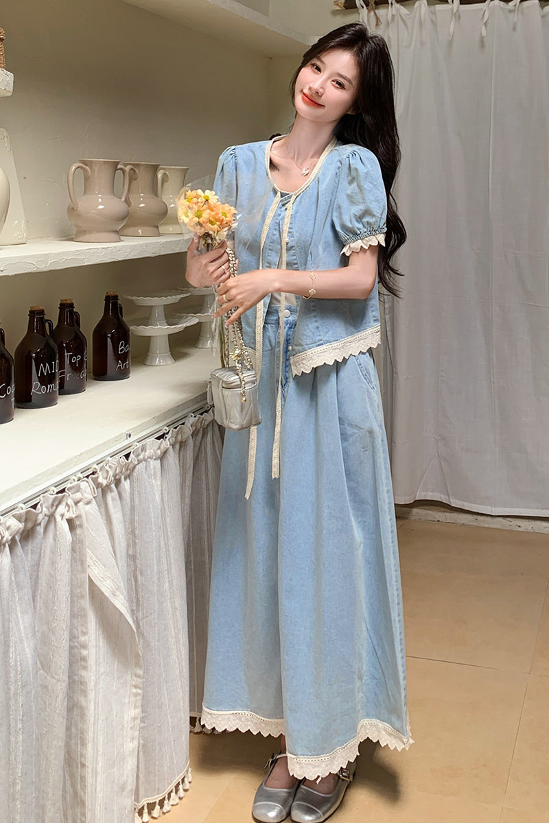 蕾丝拼接泡泡袖半身裙套装女夏2025新款独特绝美显瘦两件套氛围感,女装套装/套裙,浙宝180A