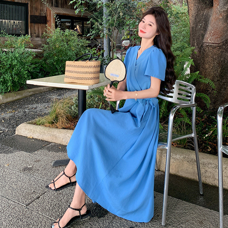 法式风收腰蓝色连衣裙女夏2025新款气质爆款独特漂亮长裙流行超火,女装连衣裙,浙宝180A