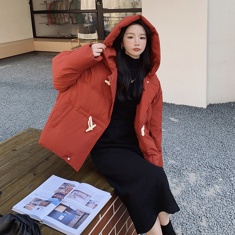 新款！秋冬韩版酒红色牛角扣羽绒服外套浙宝180A/903/P238/控328，女装羽绒服，浙宝180A