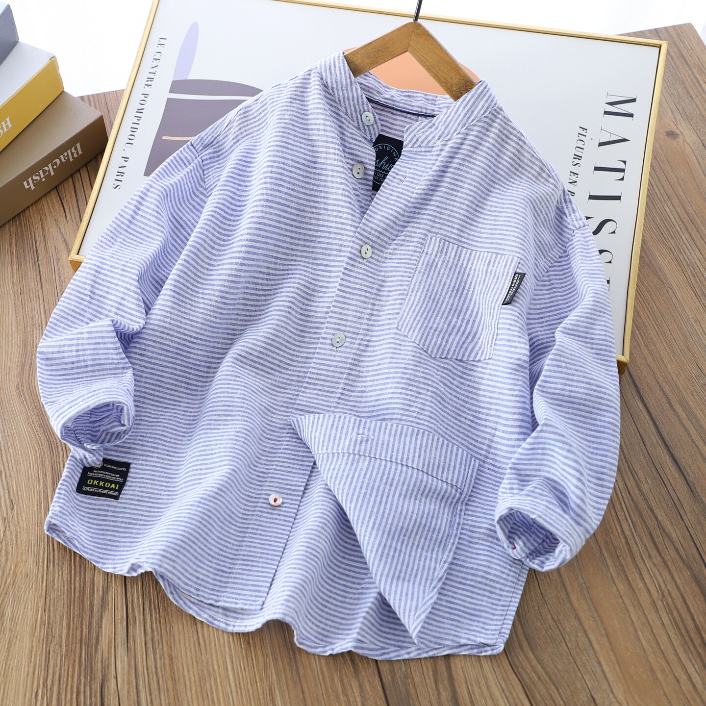 享利文艺范儿童长袖衬衫2026春秋男童棉麻衬衣中大童条纹立领上衣