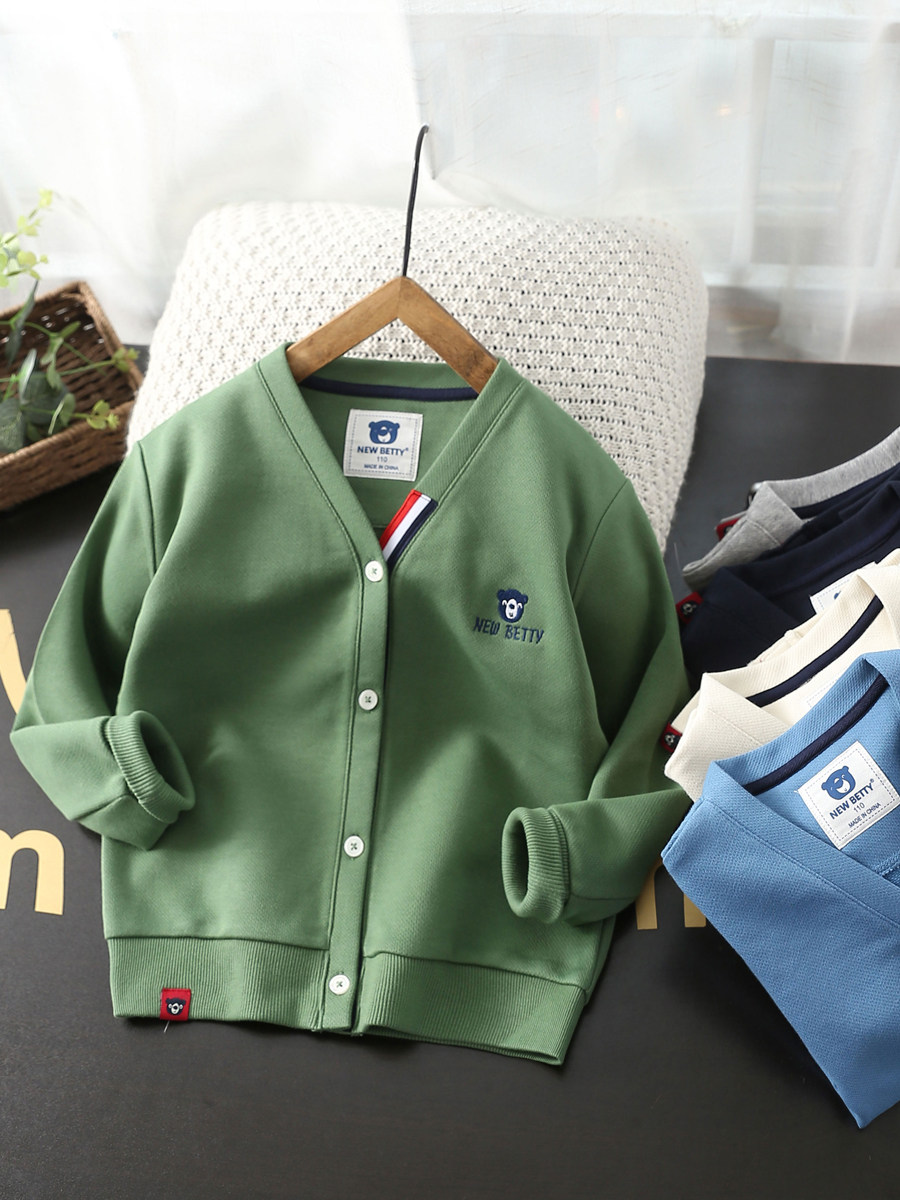 남학생 대학 스타일 자켓 2023 가을 새로운 어린이 순수 코튼 메쉬 코튼 니트 탑 중형 및 대형 아동 캐주얼 가디건
