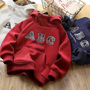 男童加绒连帽卫衣2024秋冬季 儿童一体绒洋气潮上衣中大童百搭帽衫