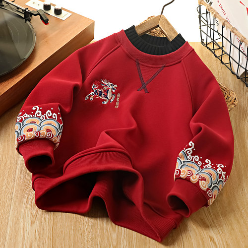 新年装男童红色加绒假两件卫衣