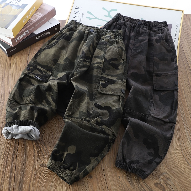 男童深秋加厚迷彩裤2024春秋儿童双层夹裤中大童宽松休闲工装裤子