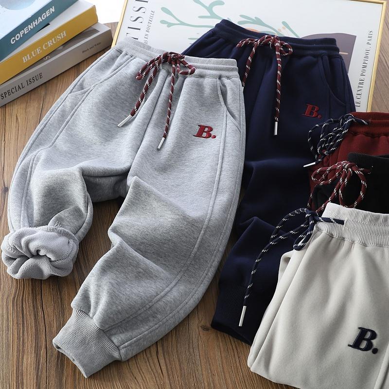 男童百搭一体绒运动裤2025冬季儿童刺绣加绒长裤中大童保暖潮卫裤