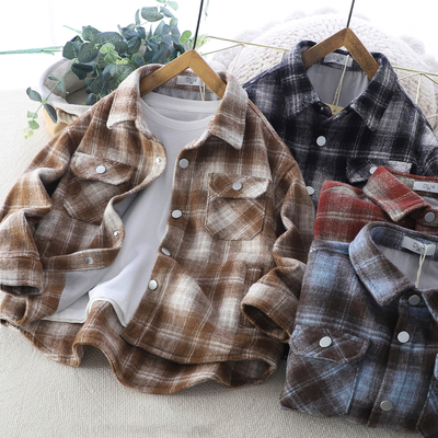 男中大童秋冬毛呢格子加内衬衬衫