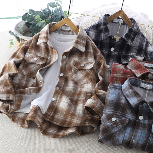 男中大童秋冬毛呢格子加内衬衬衫