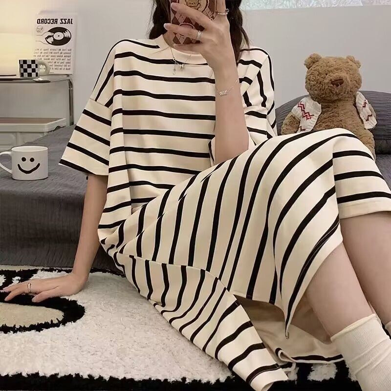 韩版宽松简约条纹睡裙女夏季纯棉短袖薄款睡衣中长款可外穿连衣裙