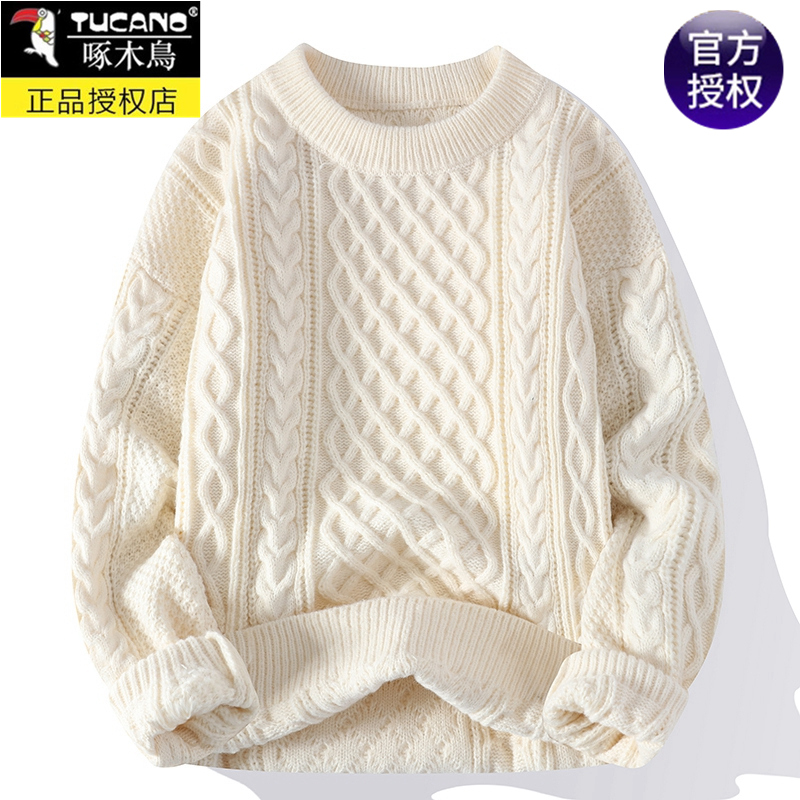 啄木鸟秋冬季新款圆领麻花毛衣男加绒情侣针织打底衫内搭线上衣服