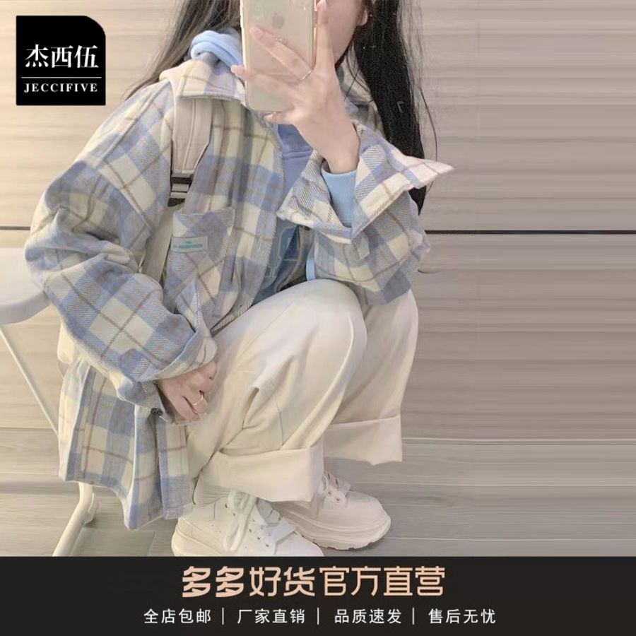 JECCIFIVE复古格子衬衫女早秋学院风长袖上衣慵懒风衬衣外套ins 女装/女士精品 T恤 原图主图