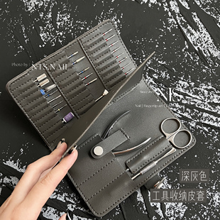 NTS.nail 深灰色打磨头30孔收纳皮套钢推死皮剪组合保护袋 甄选