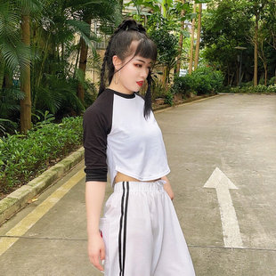 学生jazz舞蹈上衣女夏插肩袖t恤露脐爵士舞服装纯棉女团跳舞穿搭