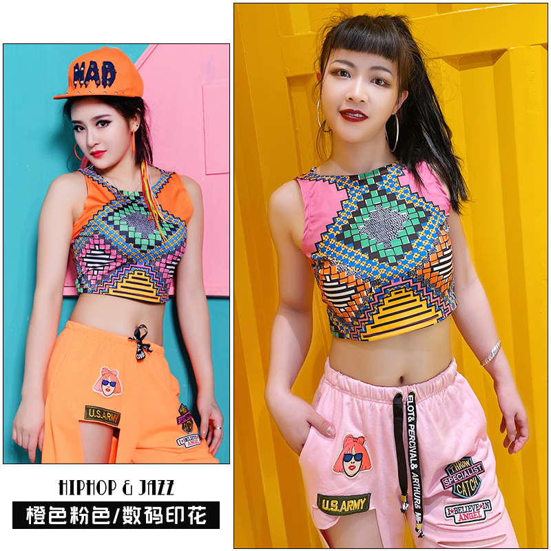 数码印花薄款露脐爵士舞上衣