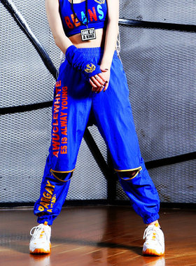 蓝色束干工装裤女jazz裤跳舞高腰显瘦运动街舞长裤设计感曳步舞裤