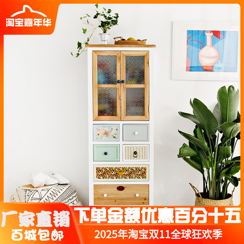 美式乡村实木斗柜子小户型玻璃柜田园彩绘高柜地中海客厅角柜斗橱