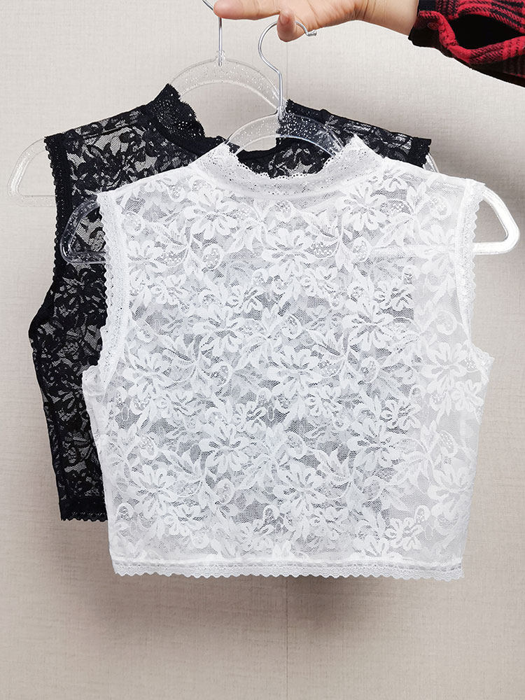 VERSATILE LACE DANCING WOMENS BASE SHIRT FAKE COLLAR CUT-OUT TRIM BEAUTY NECK PULLOVER ROUND NECK SHORT