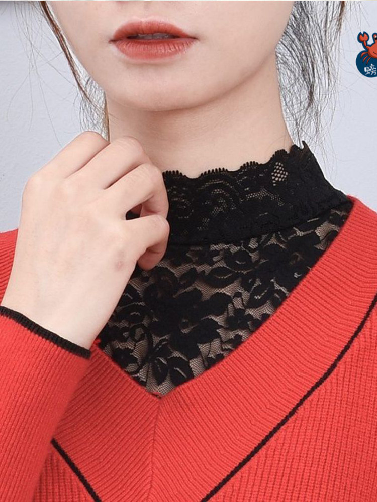 VERSATILE LACE DANCING WOMENS BASE SHIRT FAKE COLLAR CUT-OUT TRIM BEAUTY NECK PULLOVER ROUND NECK SHORT