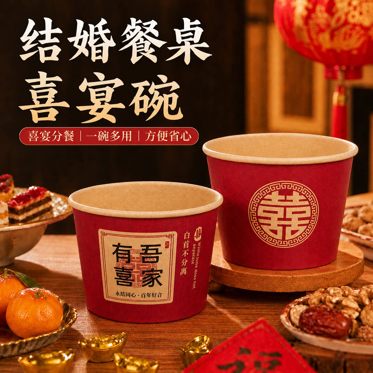 结婚婚宴红色一次性纸碗加厚特厚圆形喜宴饭盒防水防油喜字纸碗