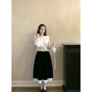 灯芯绒黑色背心连衣裙冬季 刺绣荷叶边重工衬衣女 手绘稿 桃可了