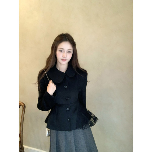 桃可了 墨玉 不对称蕾丝下摆艺术显瘦加厚黑色羊毛毛呢外套女冬季