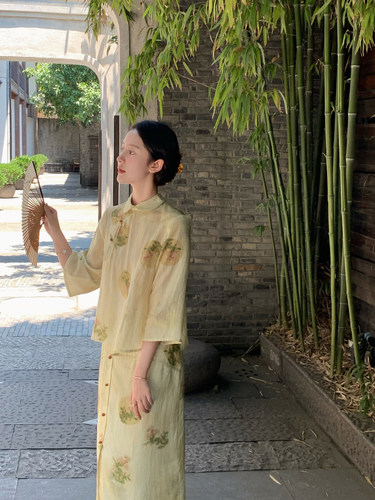 亚麻印花旗袍连衣裙+中式套装