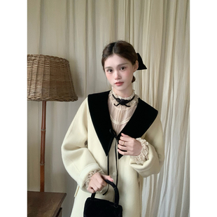 桃可了 浮光织羽 复古丝绒大翻领宽松100羊毛双面呢毛呢大衣女冬